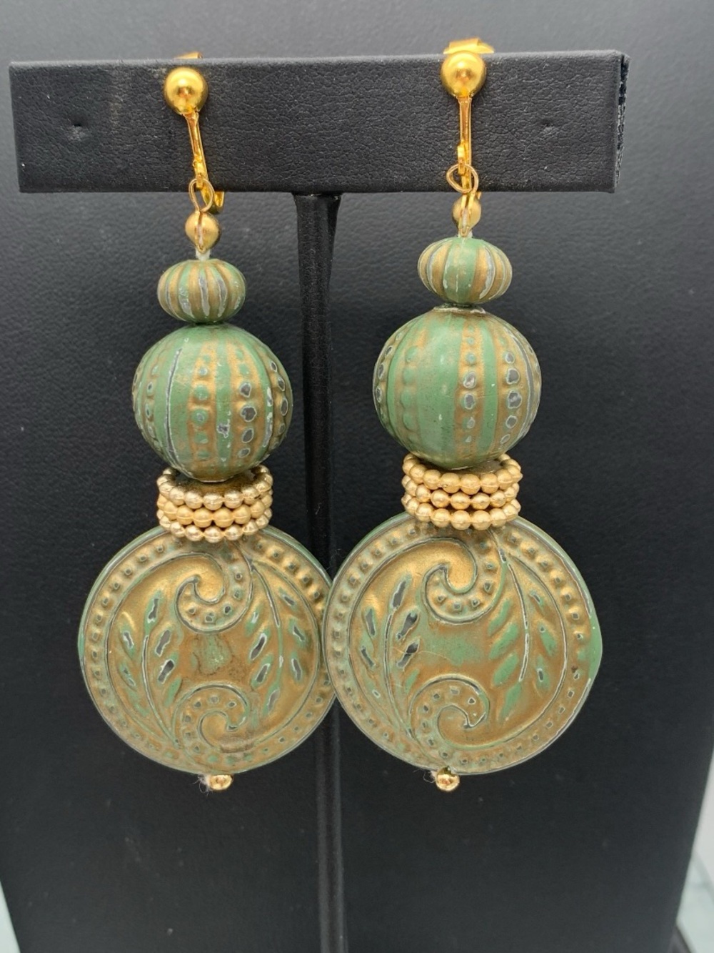 Vintage Green and Gold tone Statement Dangle clip on Earrings - Women Jewelry